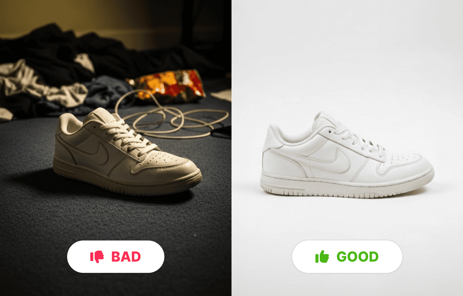 Side-by-side of a cluttered, poorly lit sneaker photo vs. a professional shot on a clean white background