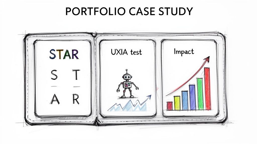Hand-drawn visual of a portfolio case study outlining STAR method, UXIA test, and impact metrics.