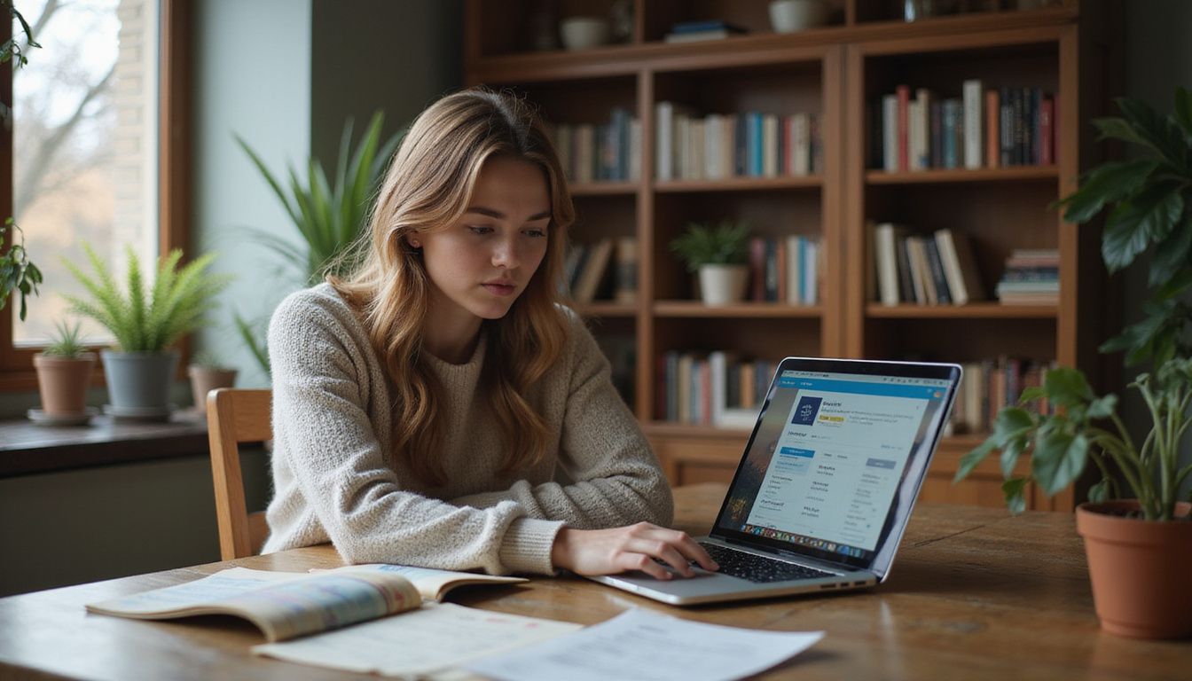 A young woman looks confused while using a laptop in her home office.