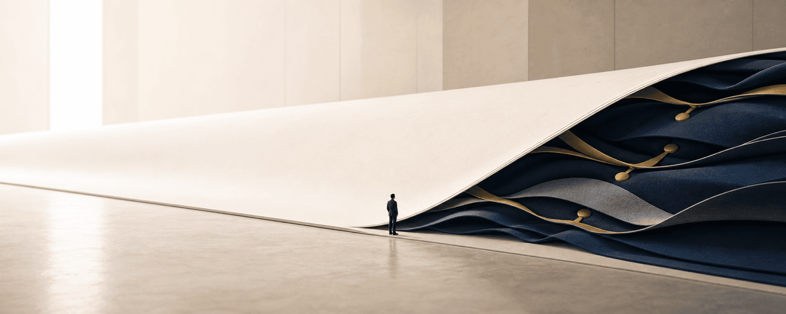 A calm surface lifting at its edge to reveal a layered inner construction.