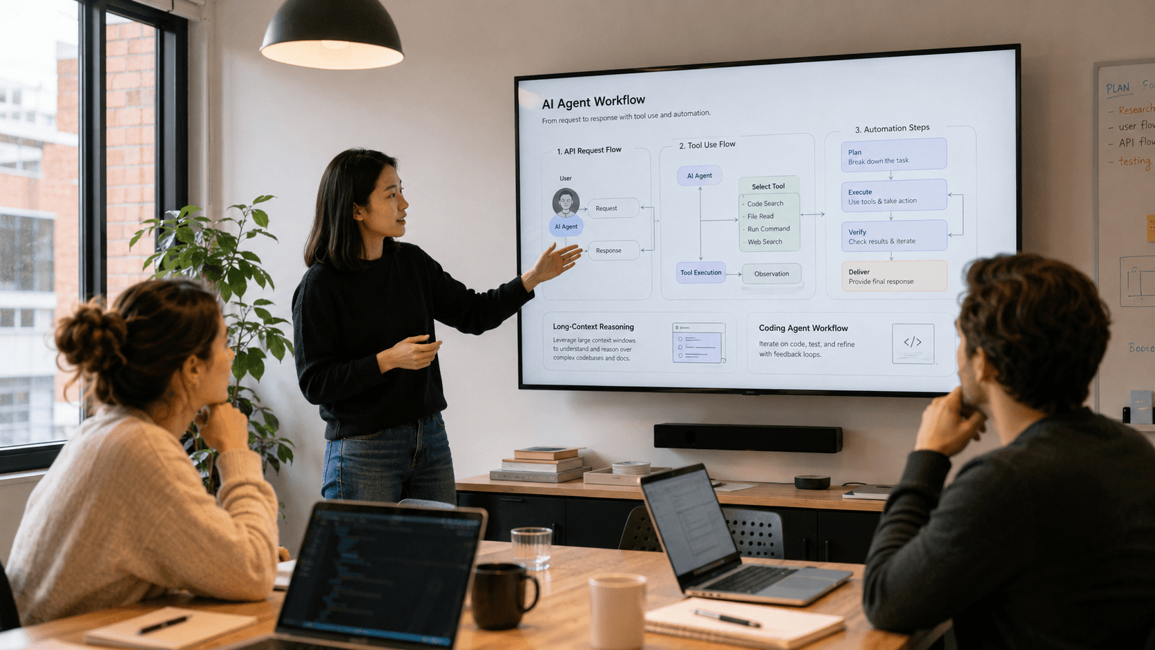 Team meeting around an AI agent workflow presentation covering tool use, automation steps, and long-context reasoning