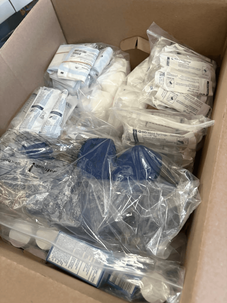 Packed medical and survival supplies delivered to Ukraine.