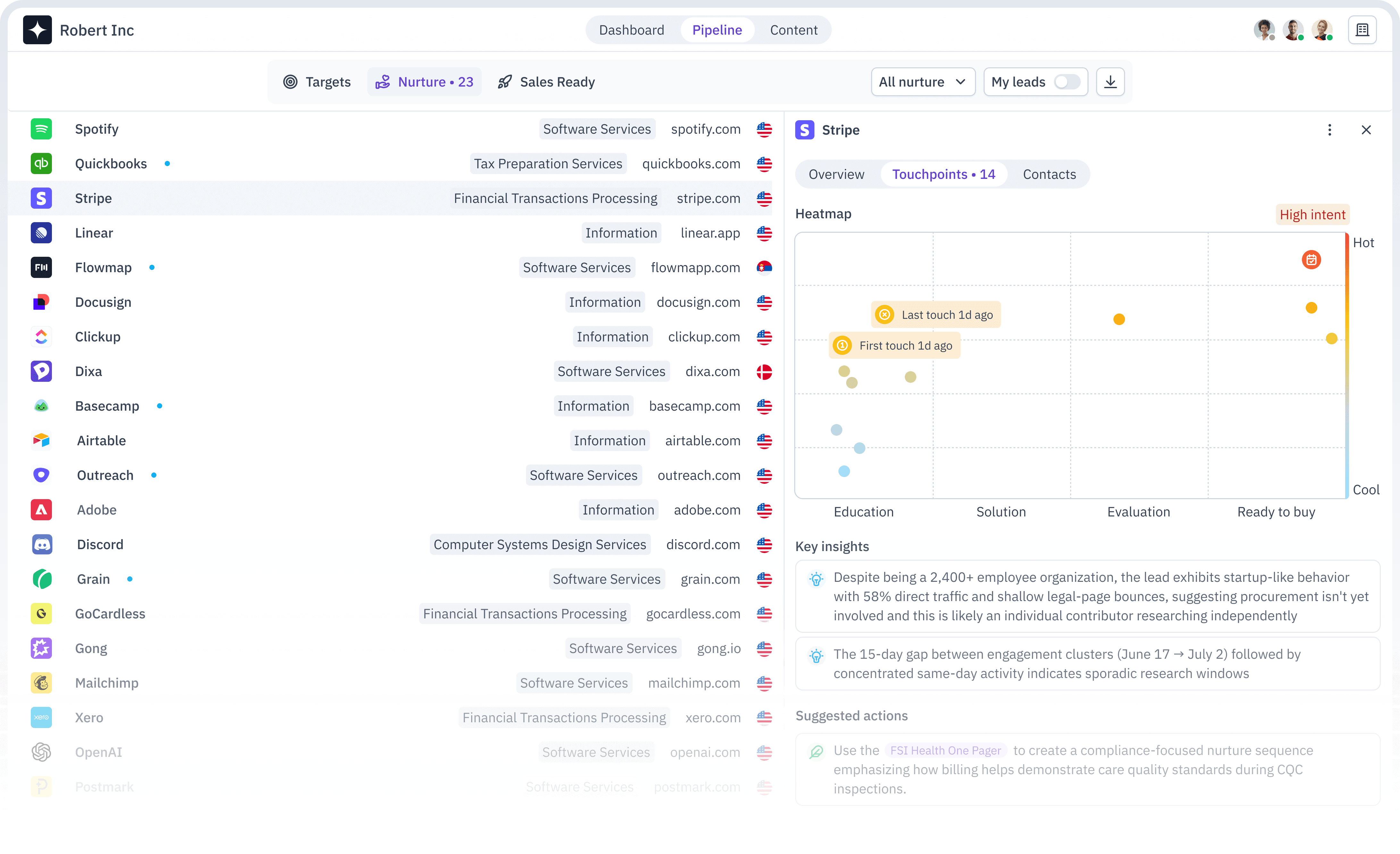 Screenshot from CustomerOS. It shows 2 users collaborating on a sales brief for the Stripe account, alongside a list of leads grouped by their stage in the buying pipeline, Target, Education, Solution, Evaluation and Ready to buy.