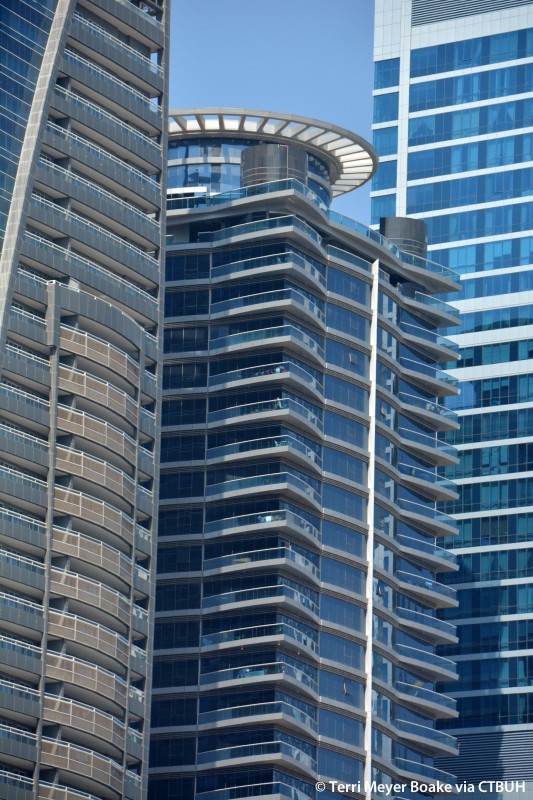 Close-up of Falcon Tower balconies. Luxury real estate services providing the best property options in Business Bay.