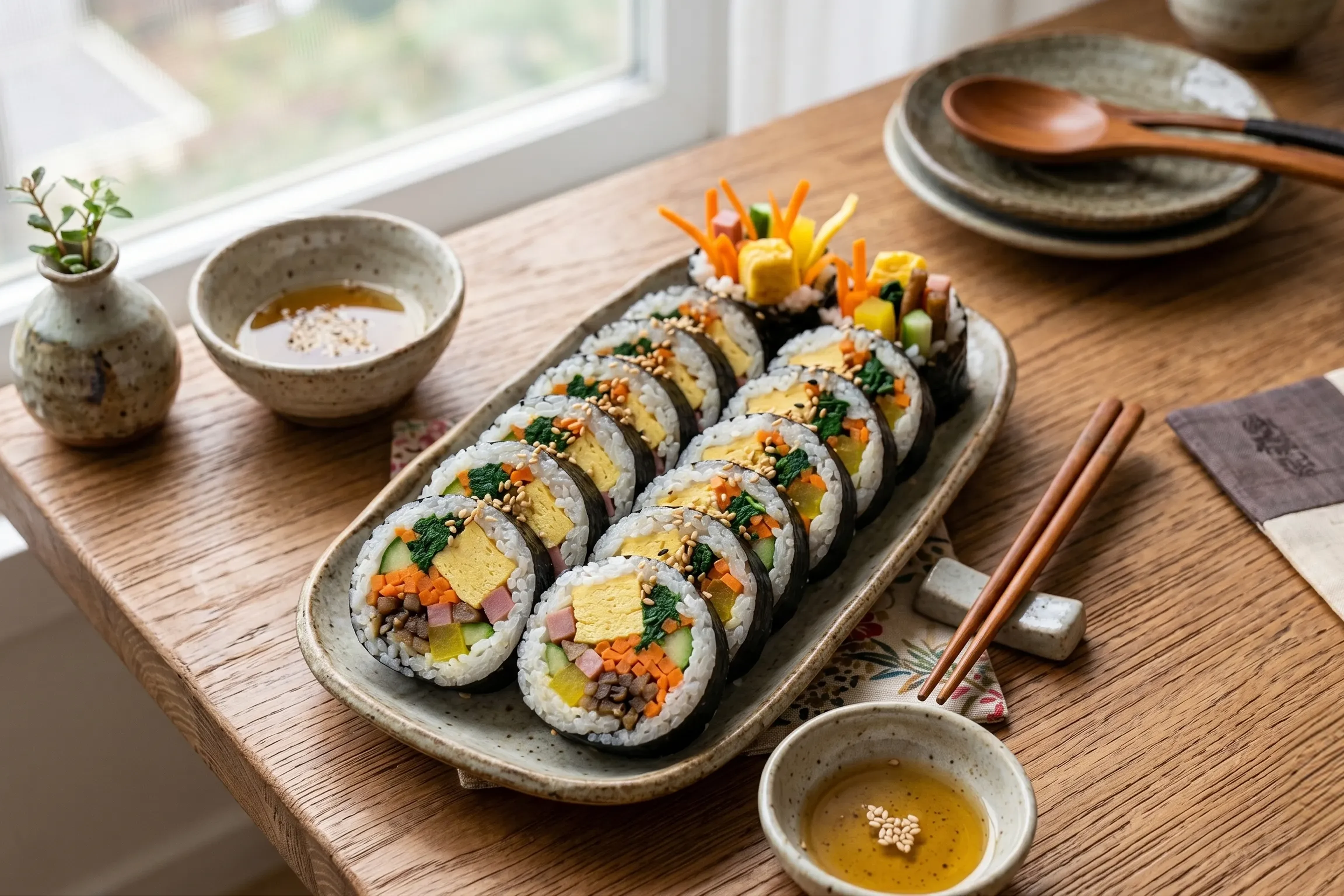 김밥이 테이블에 올려져 있는 모습을 AI로 생성한 이미지입니다