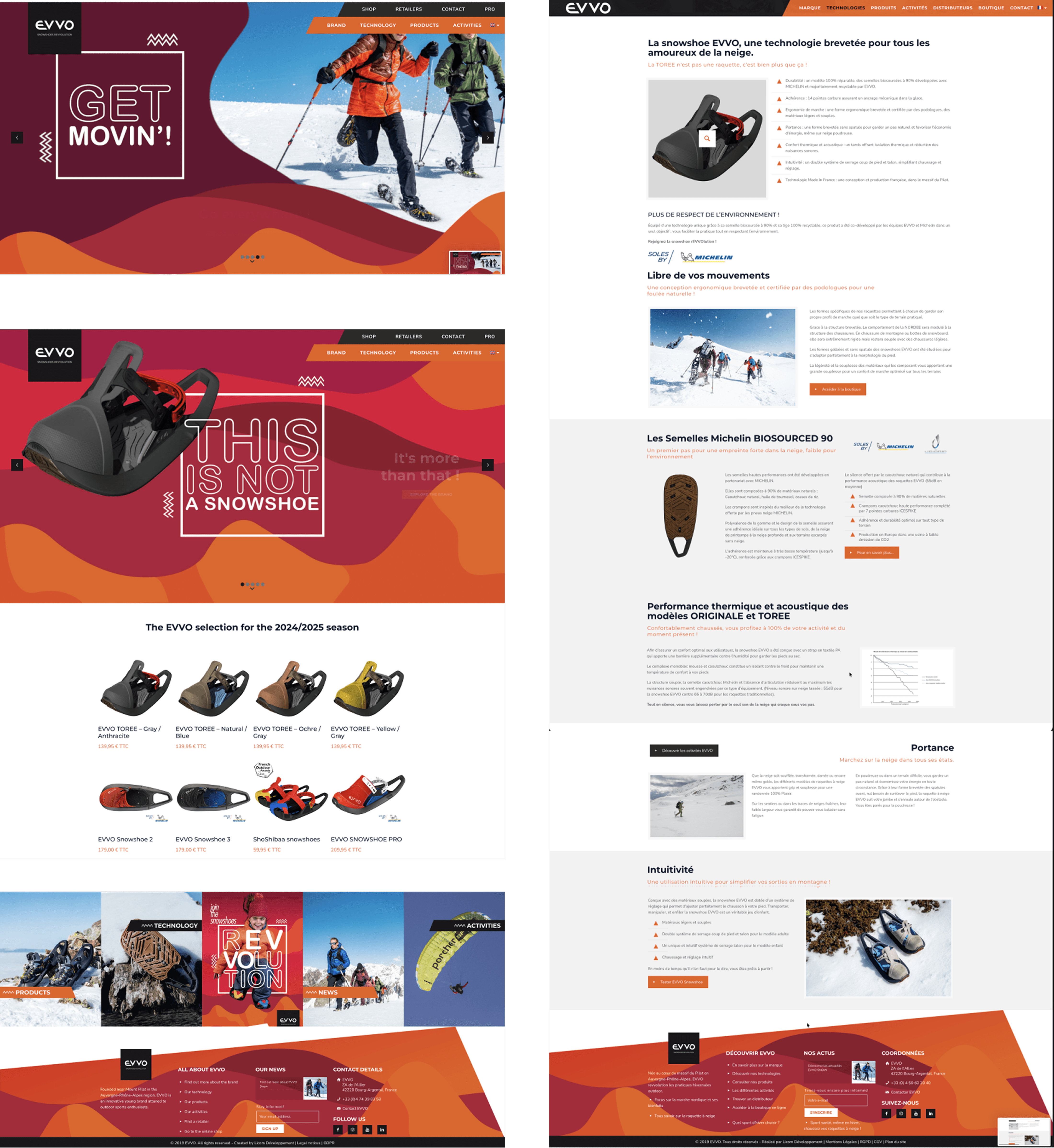 Side-by-side screenshots of the original EVVO website, demonstrating visually dense pages with technical product details, multiple snowshoe products, and bold color backgrounds. The design is highlighted as overloaded with technical information, making brand story and shopping difficult.