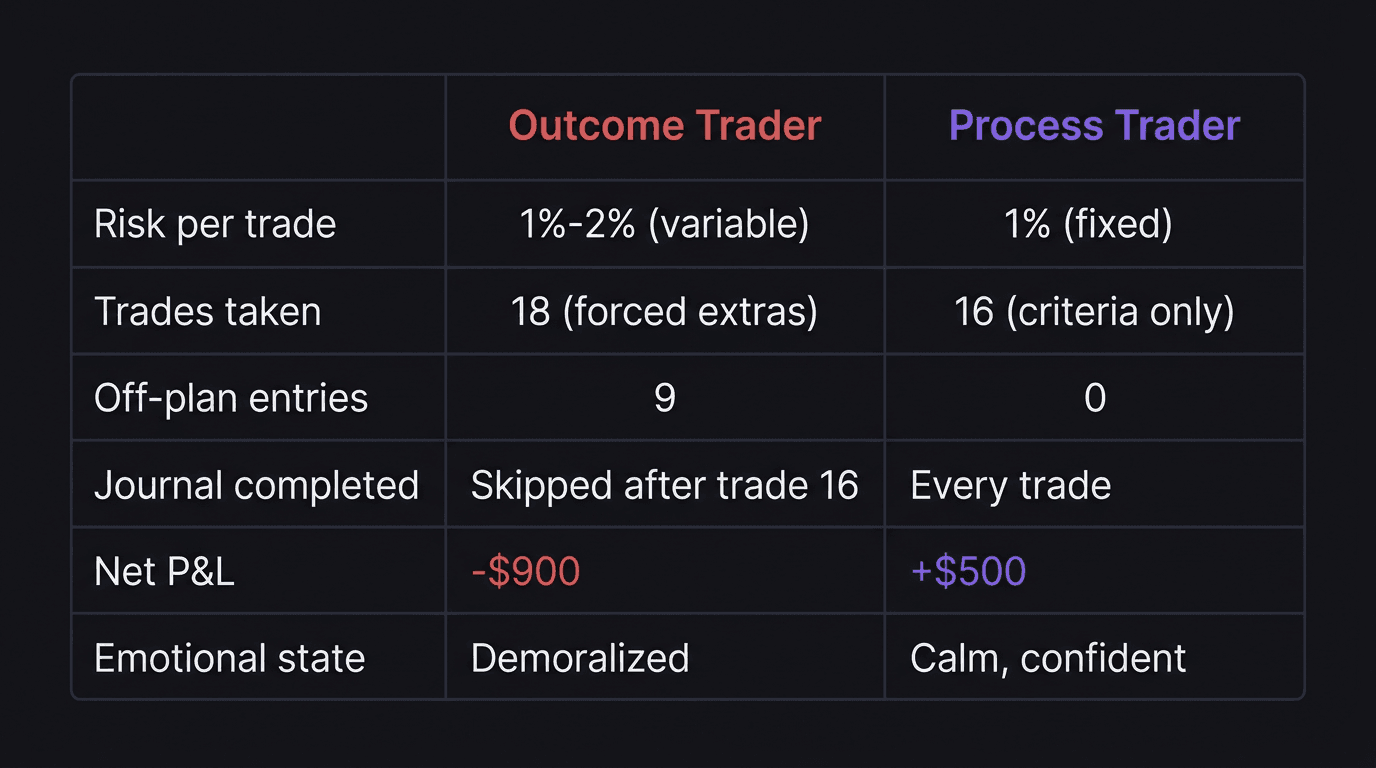 Comparison table showing outcome trader versus process trader results over 20 trades