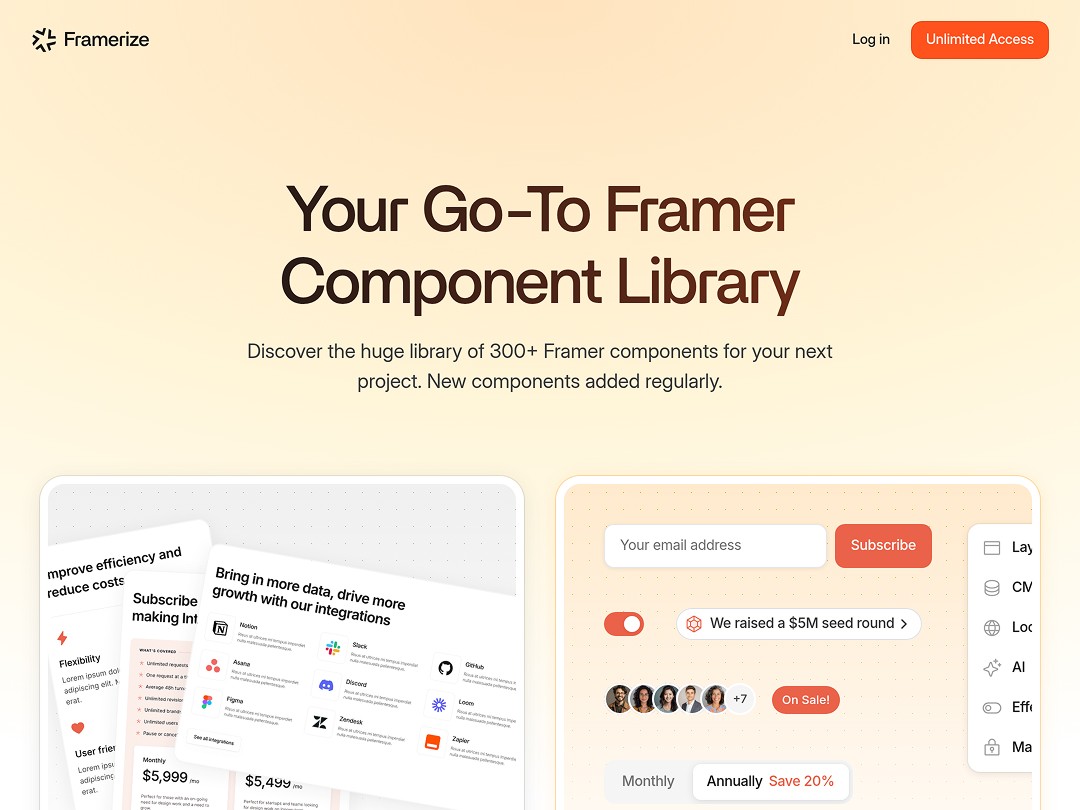 Framerize homepage showcasing Framer component library features.