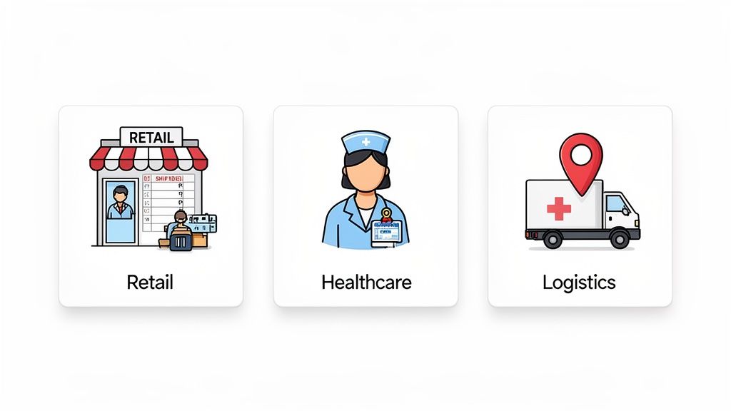 Illustrations of retail, healthcare, and logistics industry icons on white cards, representing various business sectors.