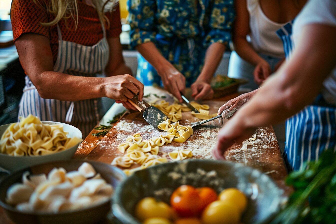 Hands-on private cooking class in a Houston home with guests shaping fresh pasta in bright natural light.