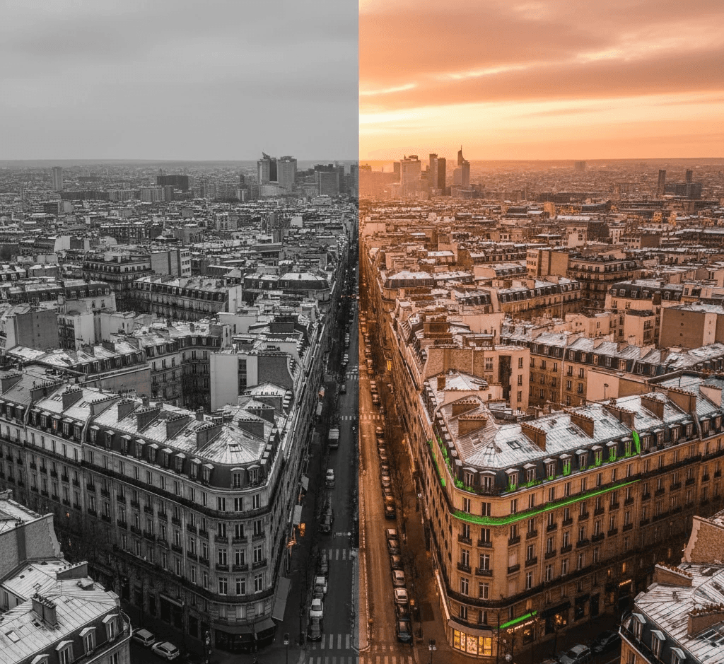 Split image showing a city skyline before and after decarbonization, with the black-and-white 'before' side contrasting with the colorful 'after' side featuring Newable-powered buildings with green energy-efficient highlights.