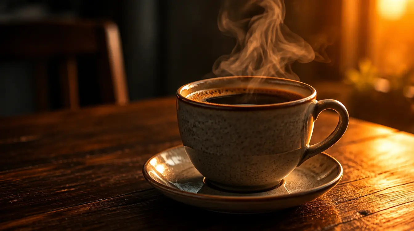 Close-up of steam rising from a coffee cup on a dark wooden table