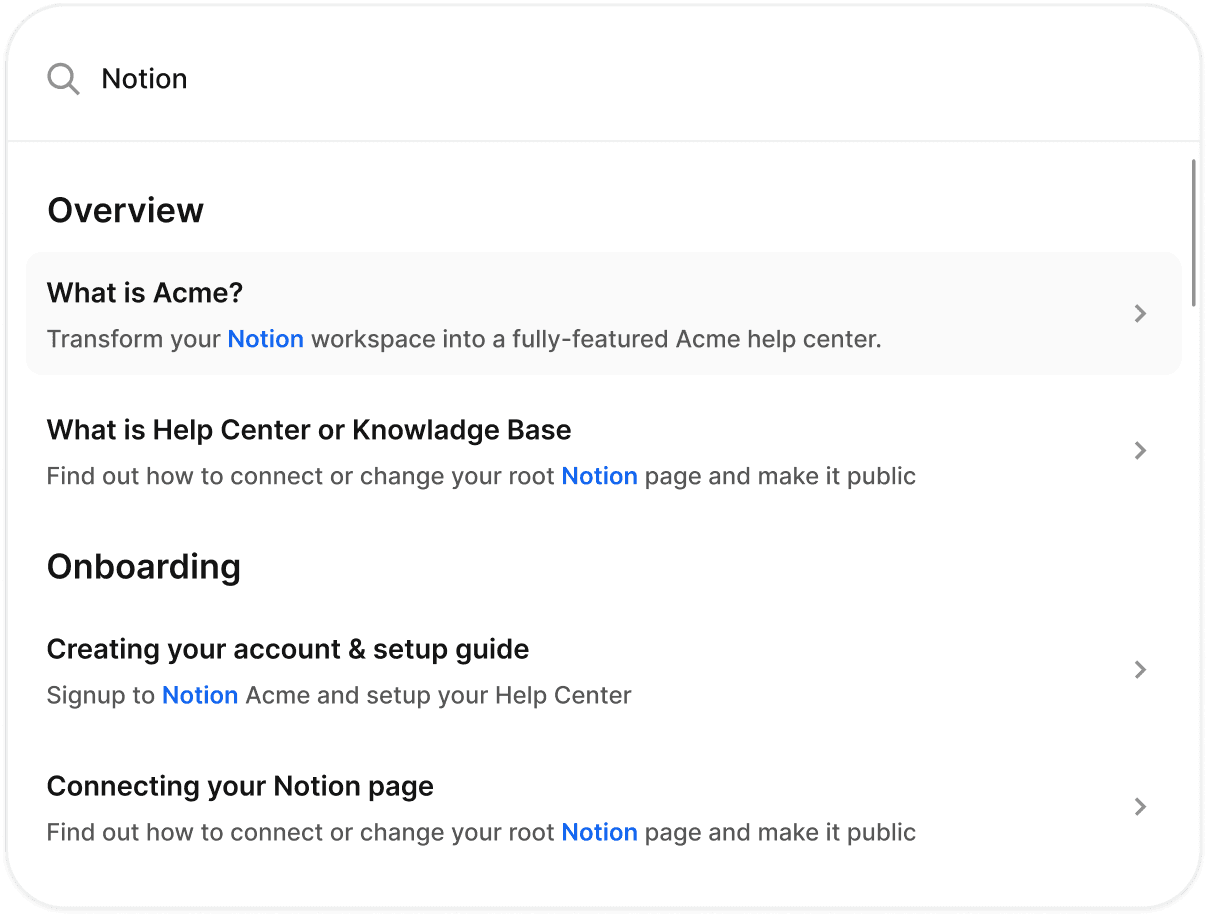Helpview help center search showing results from a Notion based knowledge base.