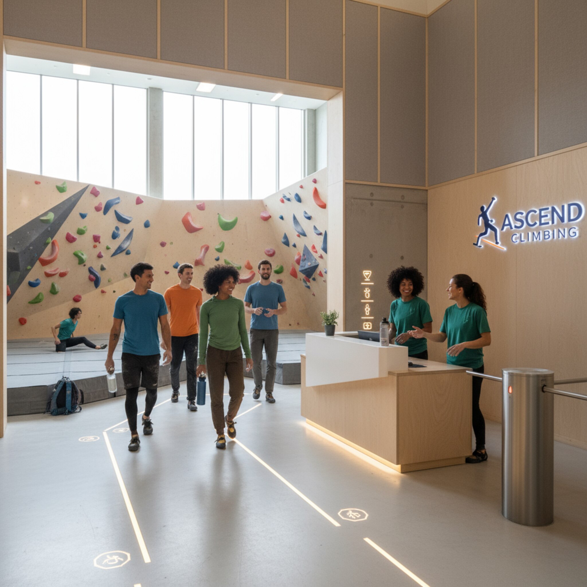 Am Eingang begrüßt das Team eine kleine Gruppe, die geordnet in die Halle strömt. Ein dezentes Drehkreuz steht seitlich, der Durchgang wirkt frei. Freundliche Beleuchtung und klare Wegeführung vermitteln Struktur. Die Szene zeigt einen ruhigen, schnellen Start in die Session.