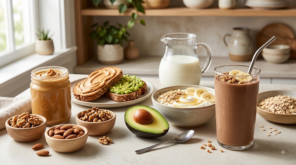 A wholesome breakfast spread on a kitchen counter featuring a chocolate protein smoothie, avocado and peanut butter toast, Greek yogurt with granola, mixed nuts, and whole milk.