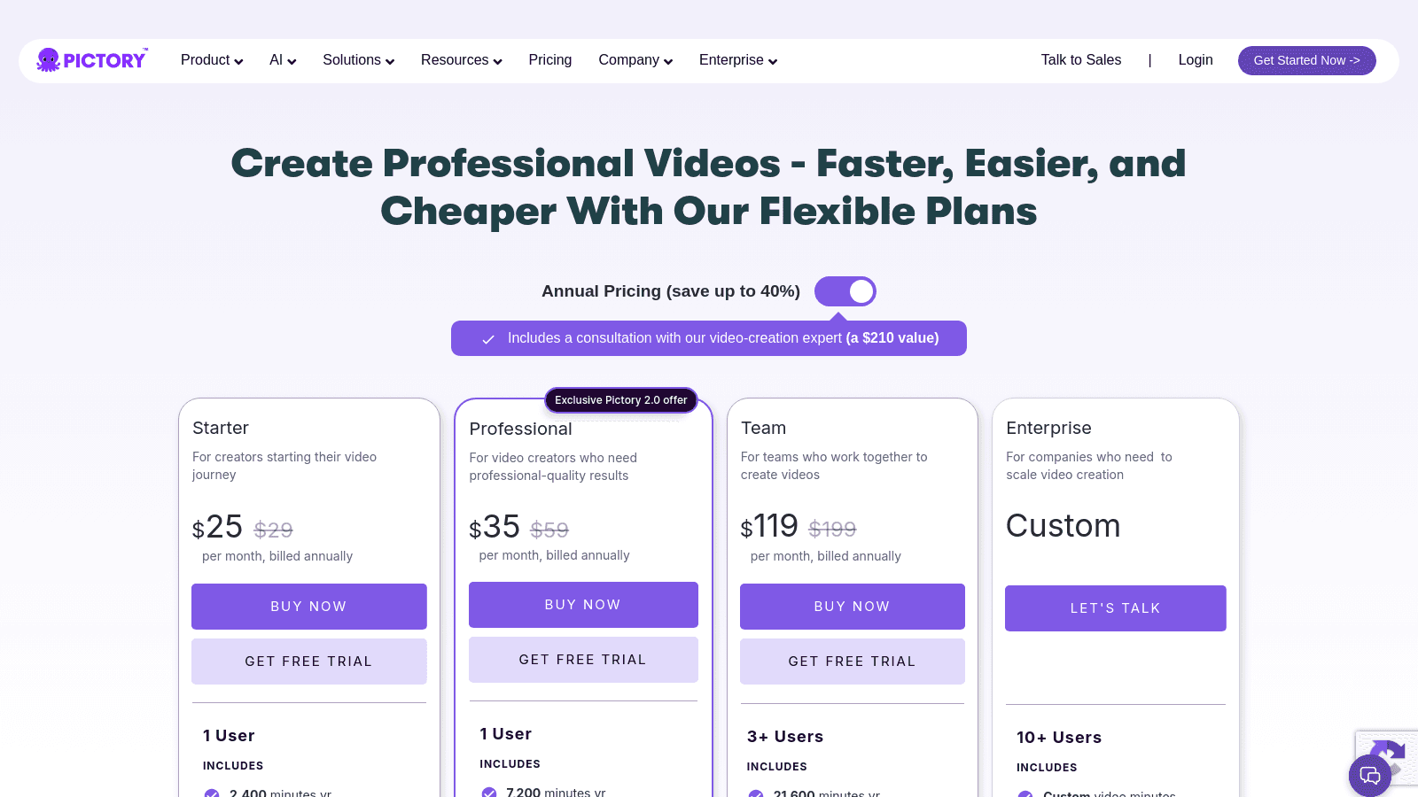 Pictory AI pricing page displaying subscription plans for Starter, Professional, Team, and Enterprise users.