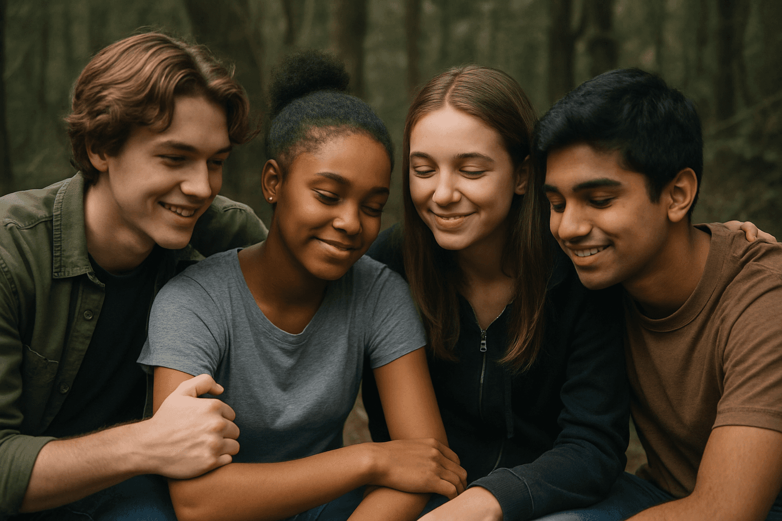  A diverse group of four smiling teenagers, two boys and two girls, looking down and bonding outdoors in a natural, wooded setting.