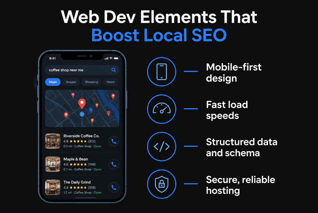 Infographic of web development elements that boost local SEO: mobile-first design, fast load speeds, structured data and schema, secure hosting