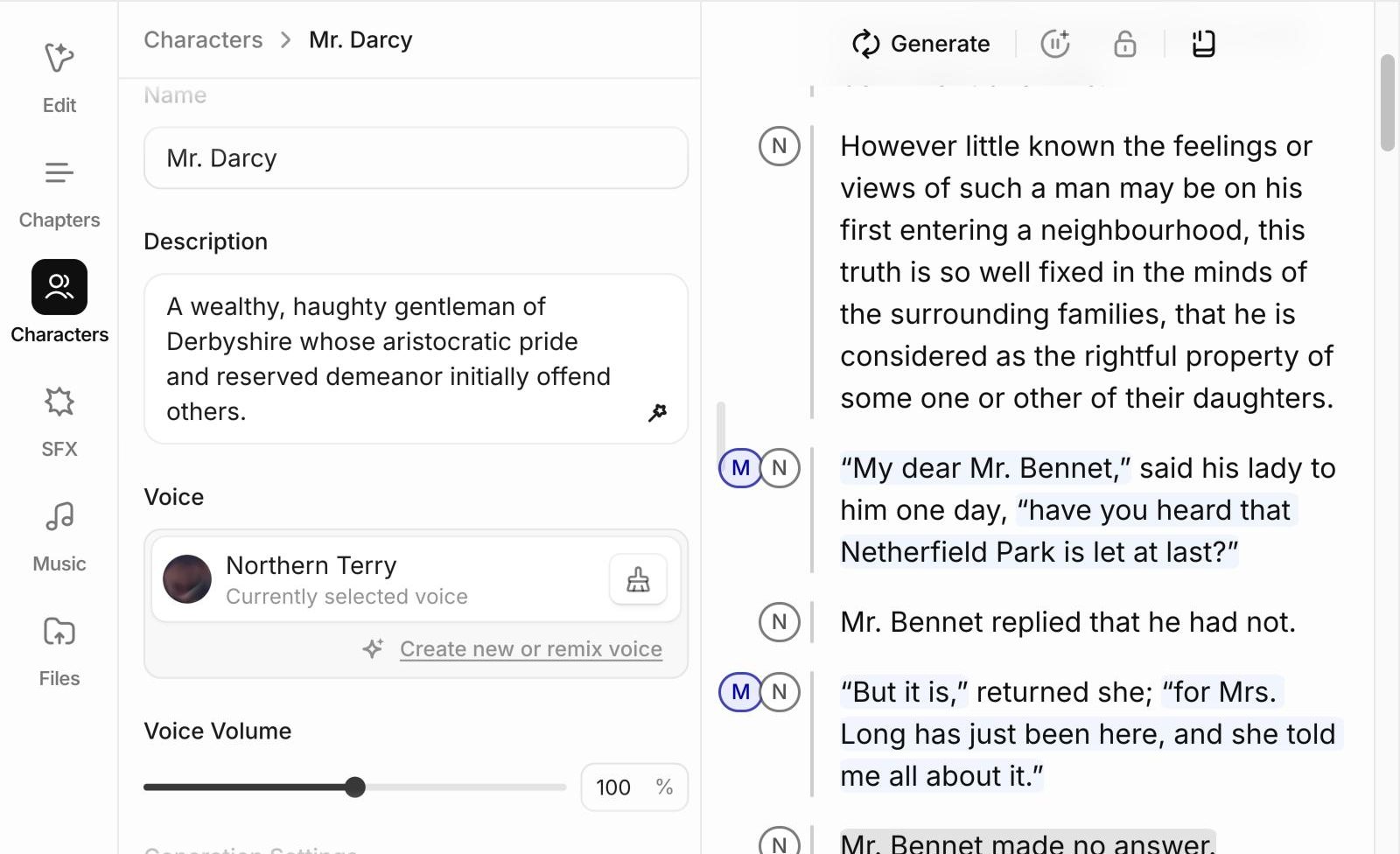 ElevenLabs character settings for Mr. Darcy in the editor: name, description, voice and voice volume