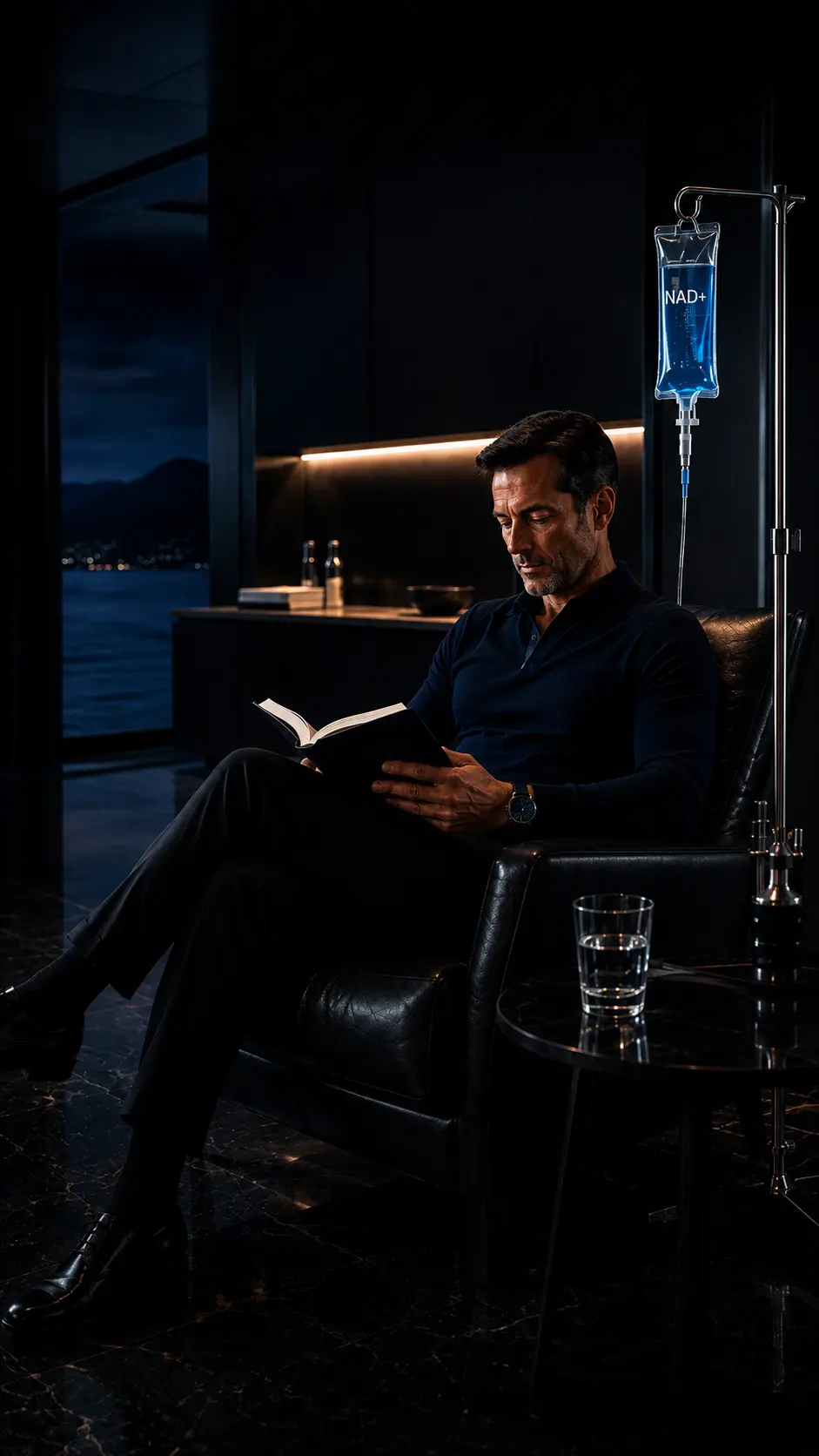 Man reading a book seated in a dark room with an IV stand