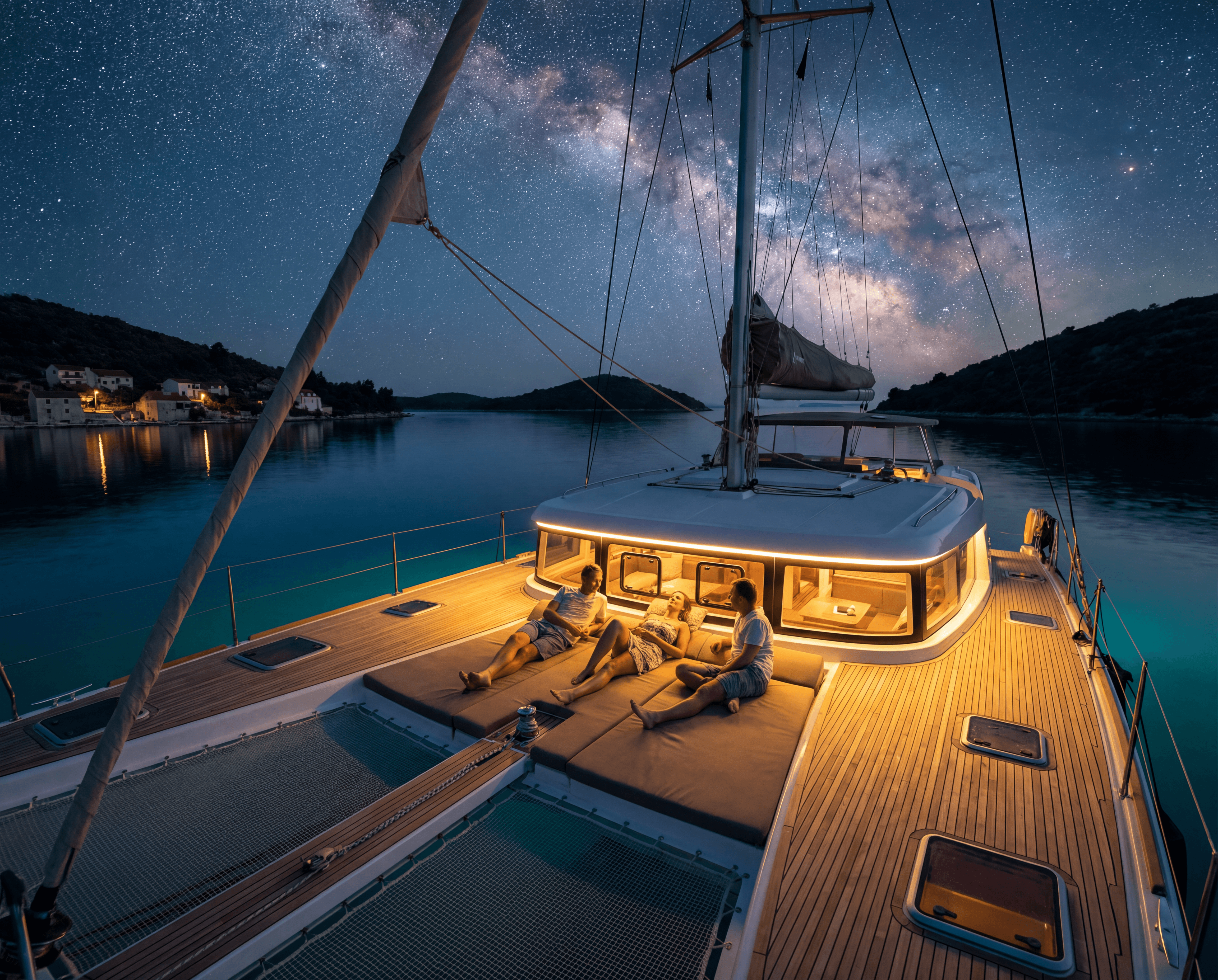Soirée paisible sur un catamaran sous un ciel étoilé, moment de calme et de contemplation au cœur de la nature