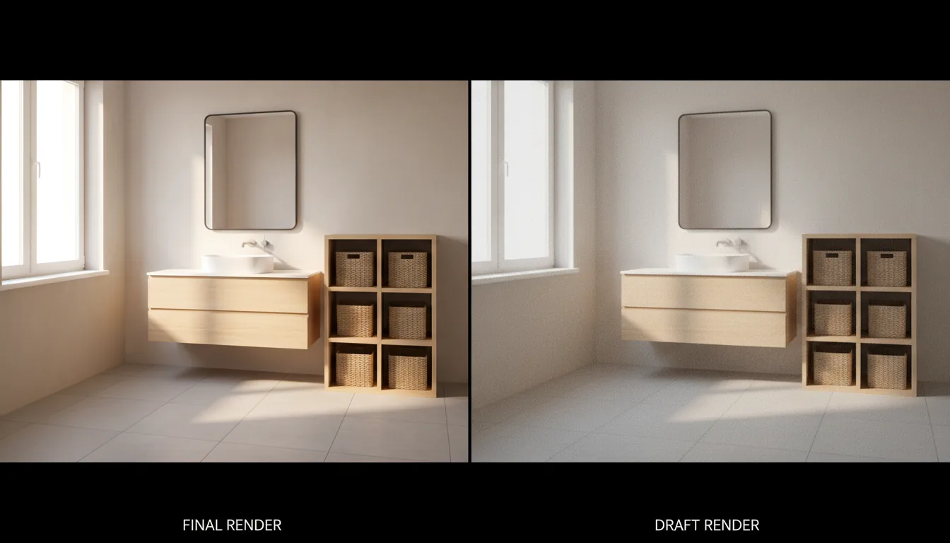 3D architectural visualization of a modern bathroom, split-screen comparison style. The left side shows a clean, photorealistic final render, while the right side shows a noisy, draft render with heavy digital grain. The scene features a light-colored wood vanity with a white ceramic vessel sink and a rectangular mirror. Next to it, a matching wooden cube shelving unit is filled with woven wicker storage baskets. The room is brightly lit by soft global illumination from a white-framed window, creating a warm and airy atmosphere with soft shadows. Rendered in the style of Rhinoceros with V-Ray, matte materials, high detail.