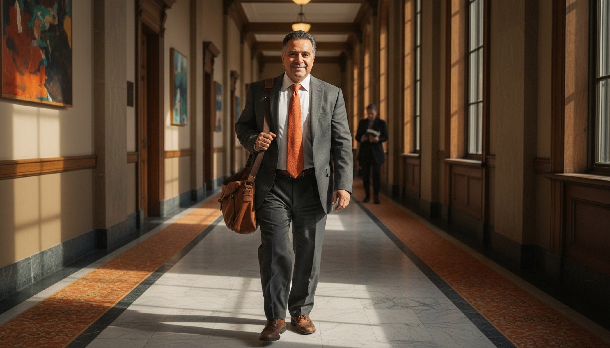 gentleman with suit and orange tie waling down court hall