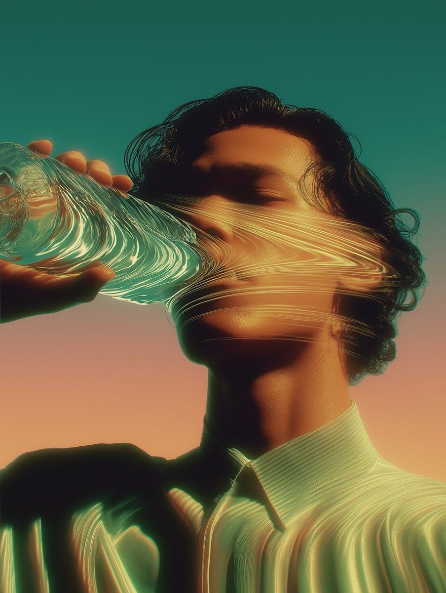 A person wearing a collared shirt drinks from a transparent water bottle, with dynamic light reflections creating a surreal, artistic effect against a gradient background.