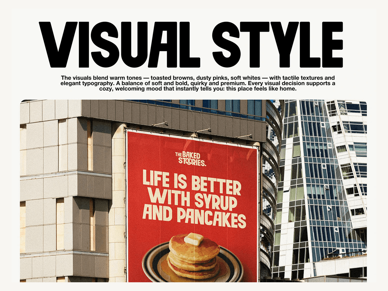 The Baked Stories visual identity board featuring condensed typography and campaign concepts