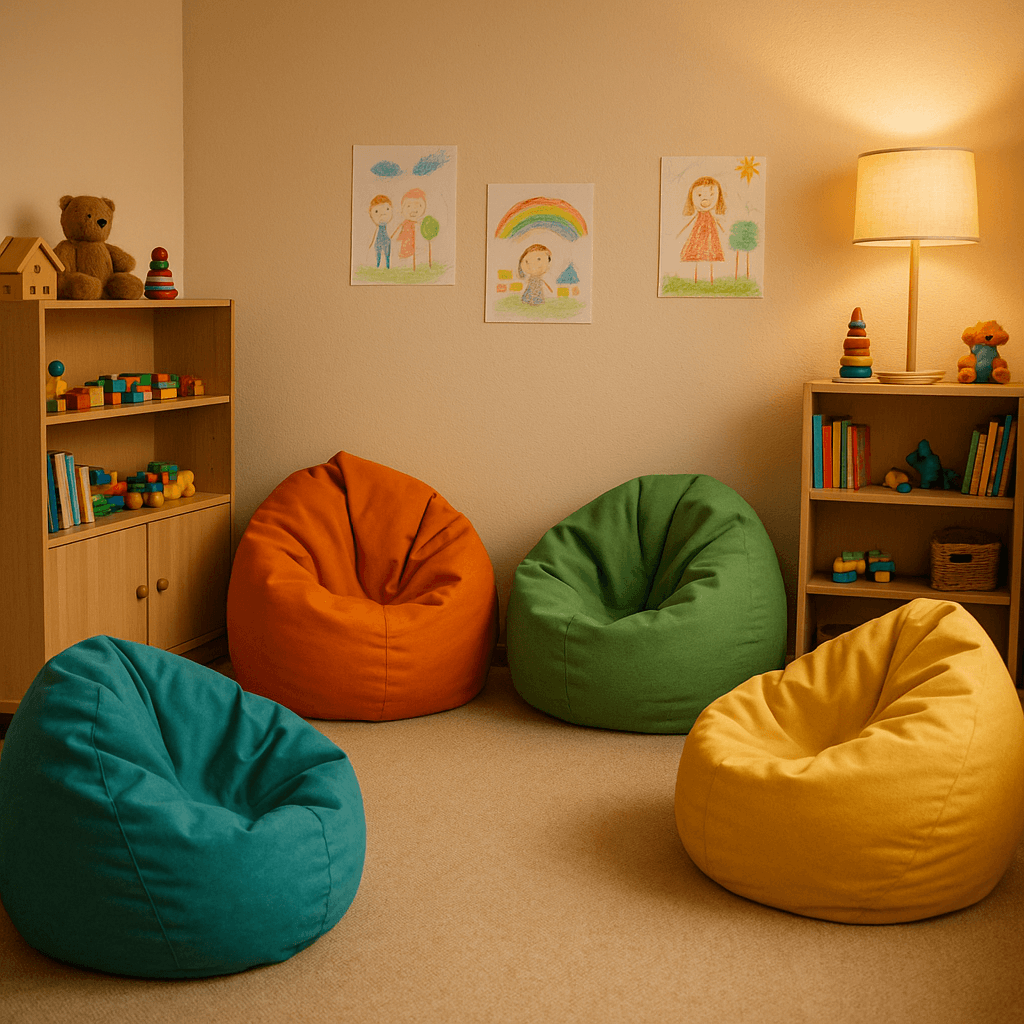 Photo of child psychologist's office with toys and comfortable seating, warm and inviting Technical: Sony A7R IV, 35mm lens, soft ambient lightin