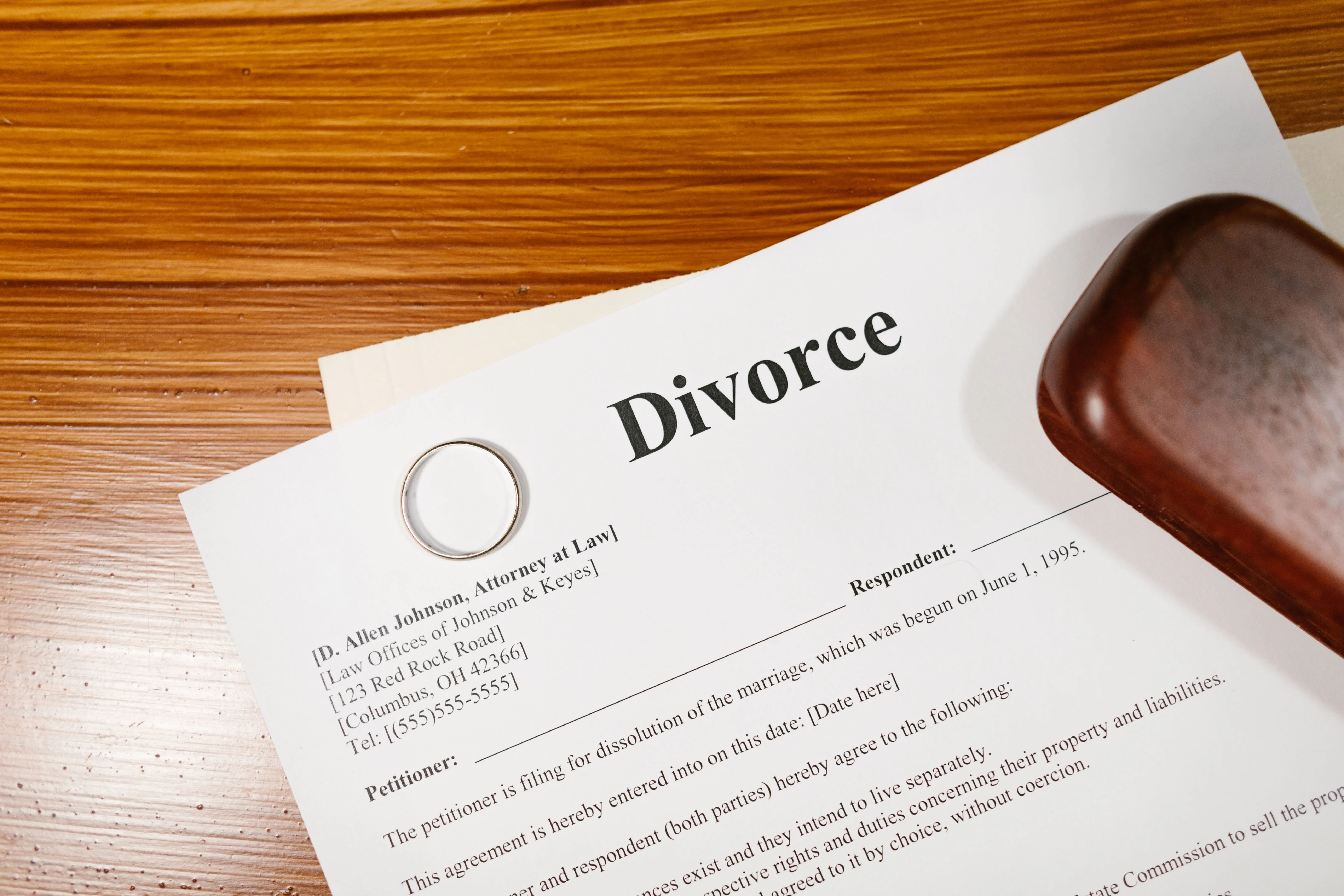 Wedding ring placed on international divorce legal documents and Turkish court petitions
