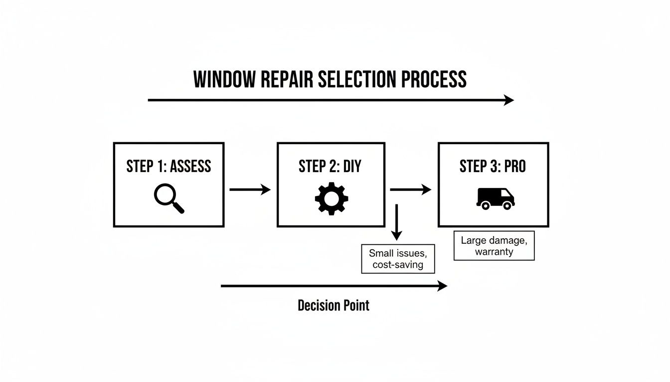 Flowchart illustrating a 3-step window repair selection process: Assess, DIY for small issues, or Pro for large damage.