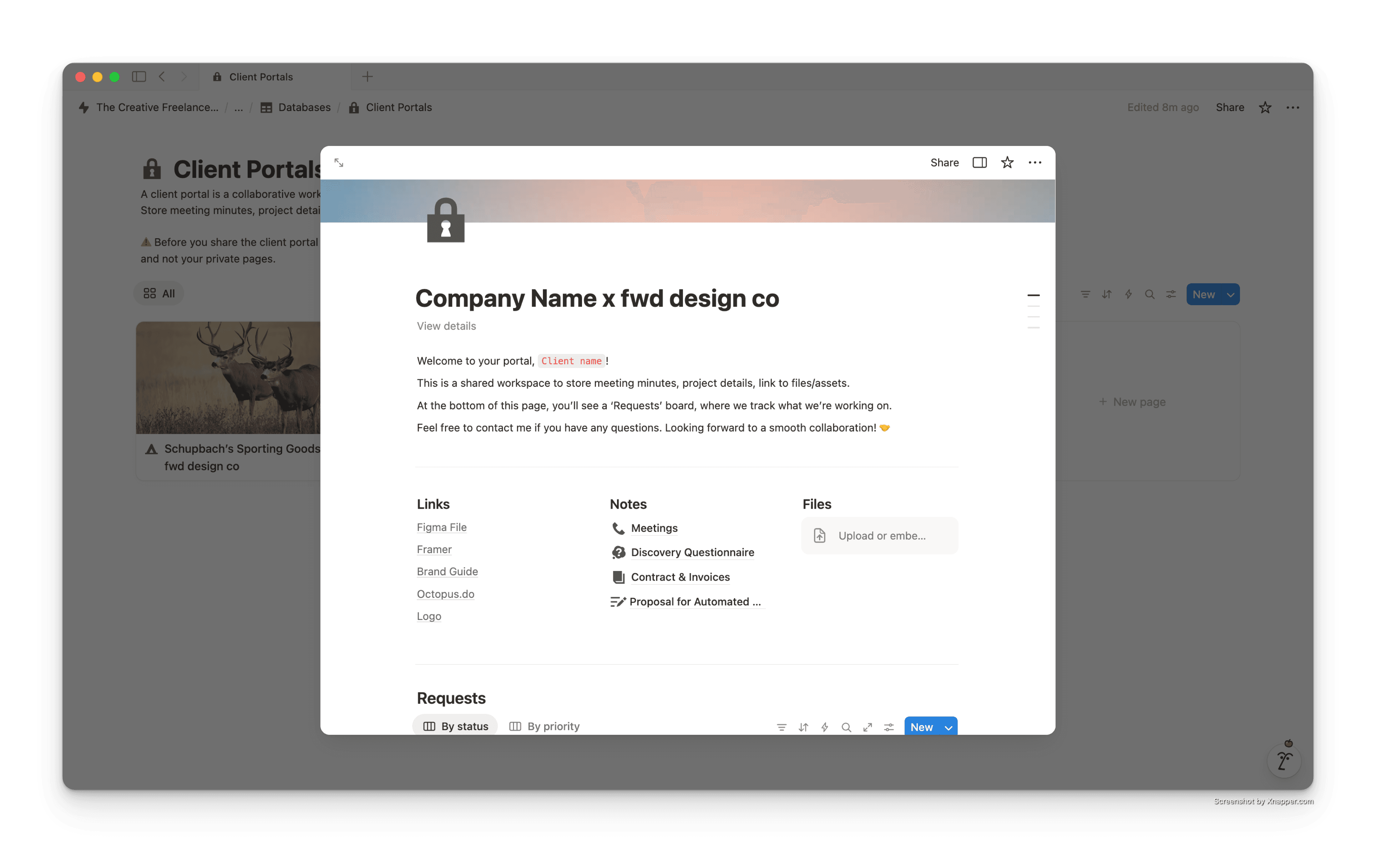 An automatically created client portal in Notion, personalized for each new project and shared between the client and studio for meetings, files, and project updates.