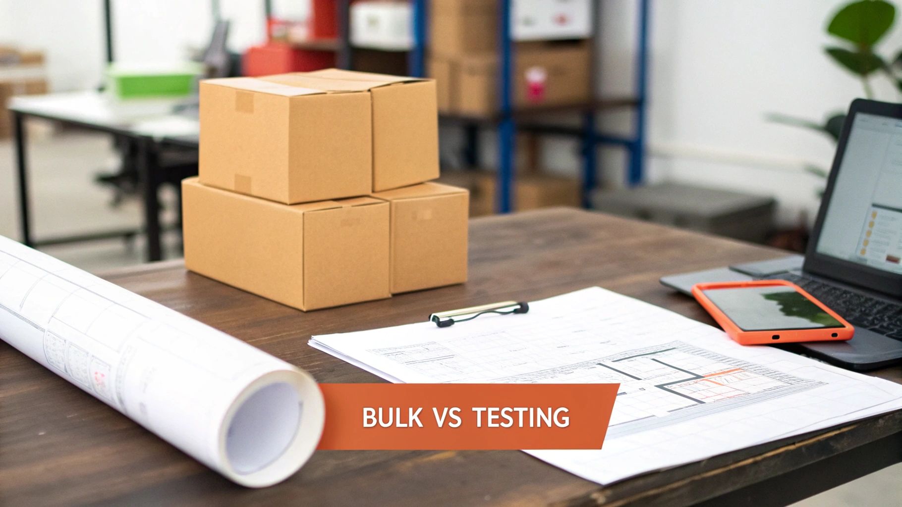 Cardboard shipping boxes, blueprints, and a laptop on a wooden desk, suggesting a logistics or testing workspace.