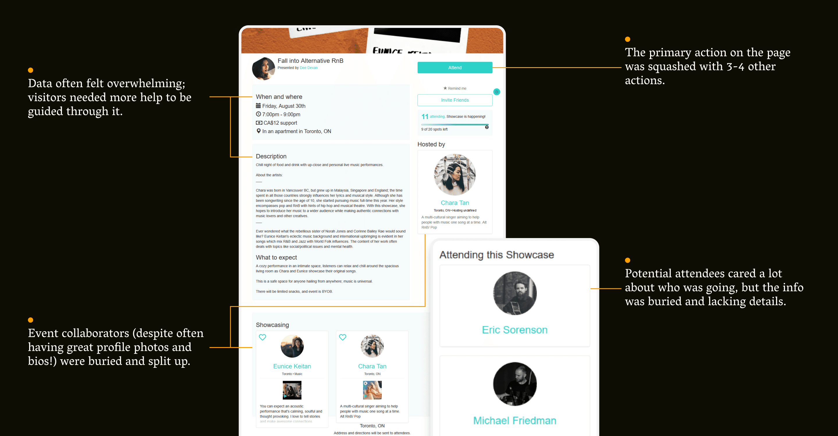 A selection of images of what the original events page looked like. Several issues are noted: an overwhelming amount of data, the primary action being hidden, even collaborator’s info being split up, and a listing of attendees that was lacking detail.