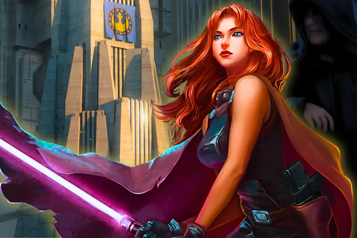 An illustration of Mara Jade standing confidently with her vibrant red hair flowing, wielding her signature purple lightsaber. She wears a form-fitting black and red outfit with a cape billowing behind her. In the background, the imposing structure of a New Republic building with the insignia of the Rebel Alliance hangs prominently, symbolizing her future as a Jedi. A shadowy figure of Emperor Palpatine lurks in the background, representing her past as the Emperor’s Hand. The image captures her transformation from Imperial assassin to Jedi Master in the Star Wars Expanded Universe.