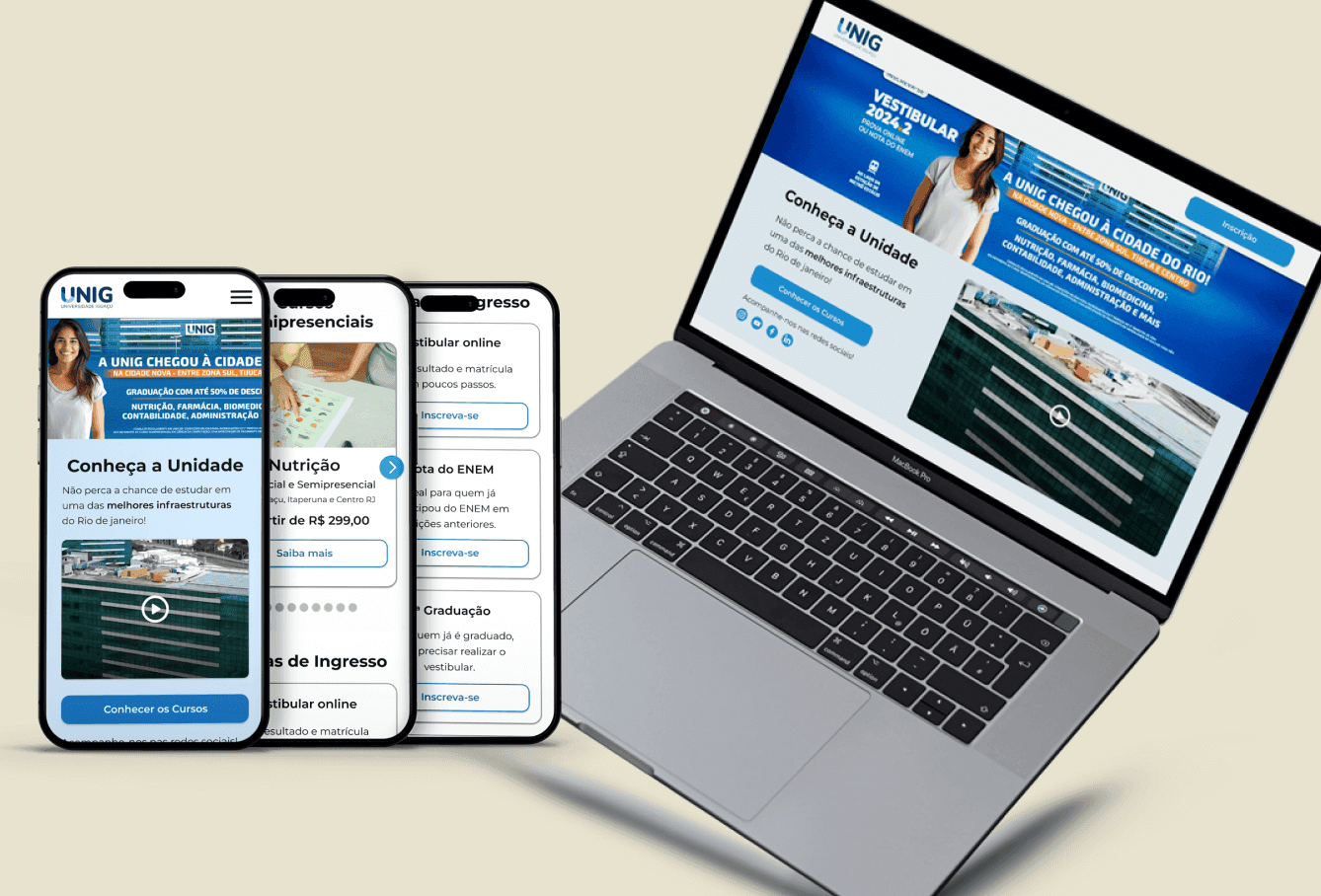 Imagem com telas mobile e desktop do novo layout do site da UNIG.