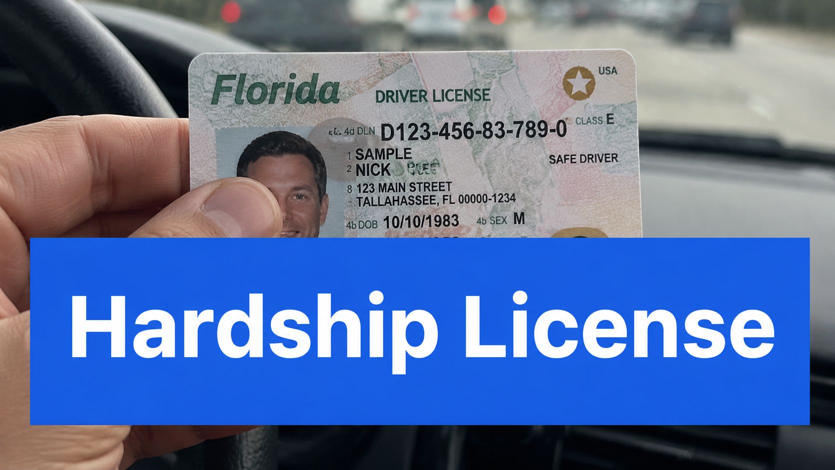 A close-up view of a Florida driver's license held in a hand while sitting in a car.