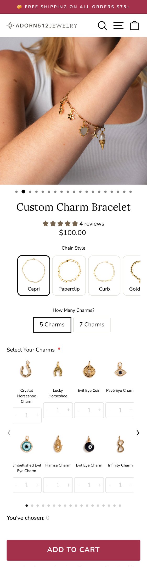 Jewelry product options include: bracelet, pendant, chain, birthstone for Custom Charm Bracelet from adorn512.