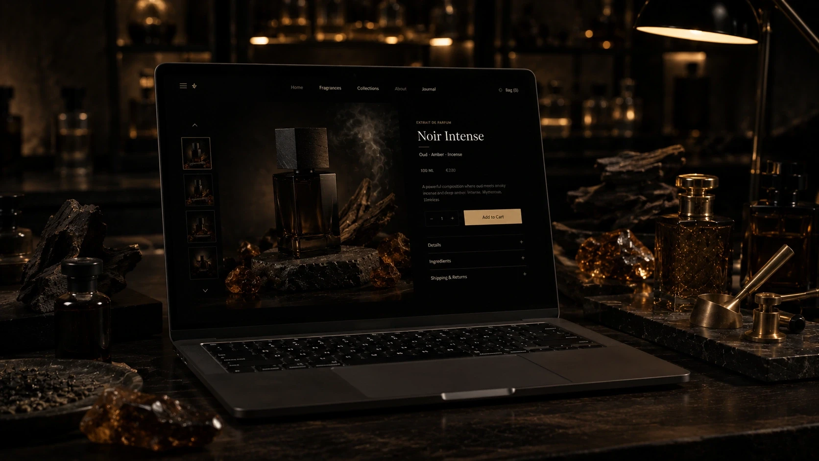 Luxury fragrance e-commerce website displayed on a MacBook inside an elegant perfumery studio with premium perfume-making materials.