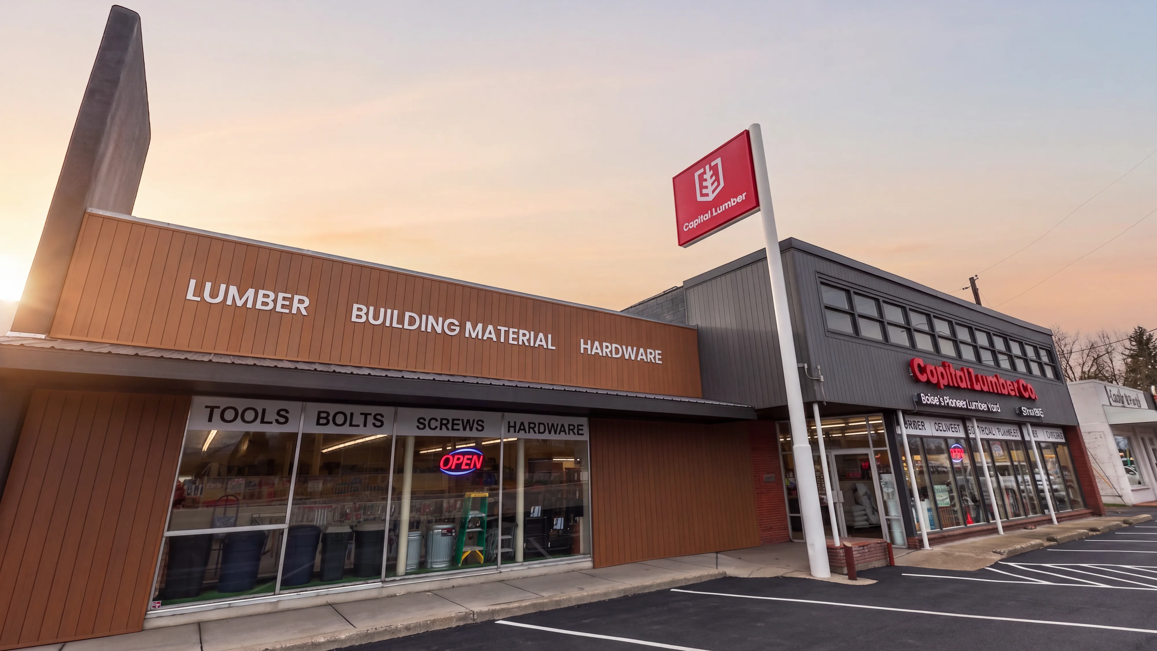 Capital Lumber Company storefront in Boise at sunrise
