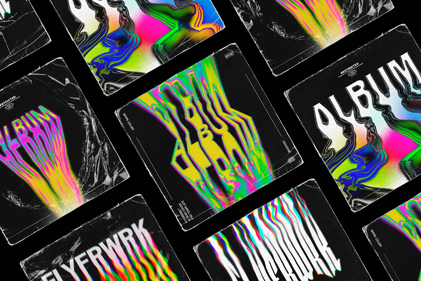Collection of five album cover templates featuring psychedelic liquid glitch effects and vibrant neon colors