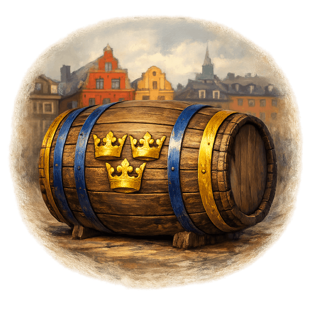 Wine barrel featuring the Sweden national emblem for regional wine education.
