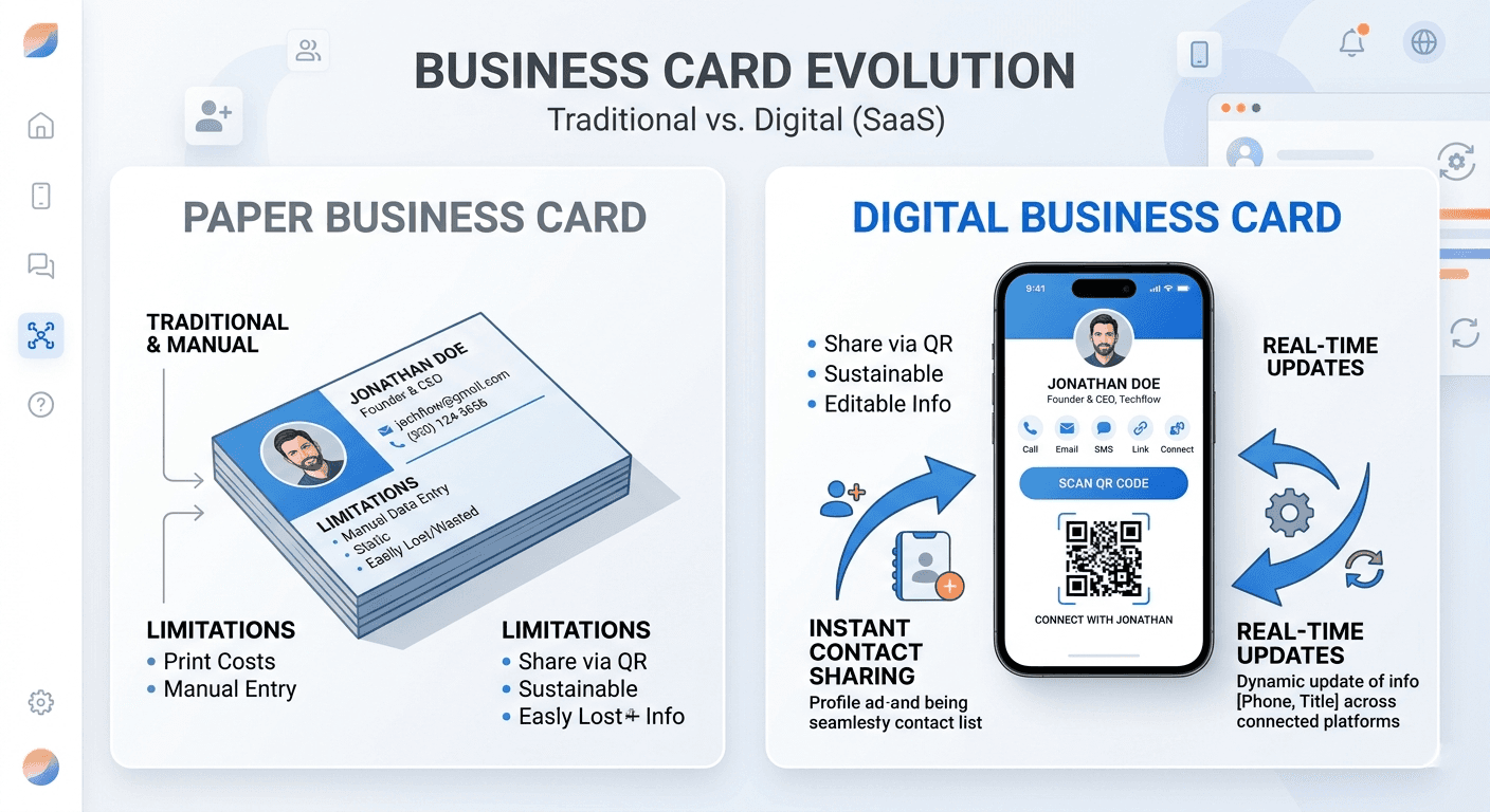 Comparison between a traditional paper business card and a digital business card displayed on a smartphone.