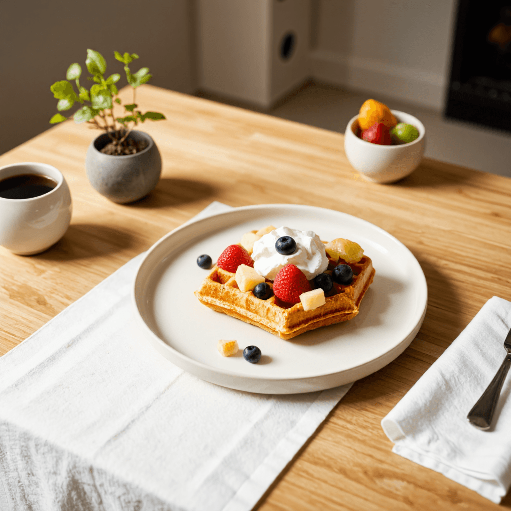 product photography of dessert plate with a waffle topped with whipped cream and various fruits