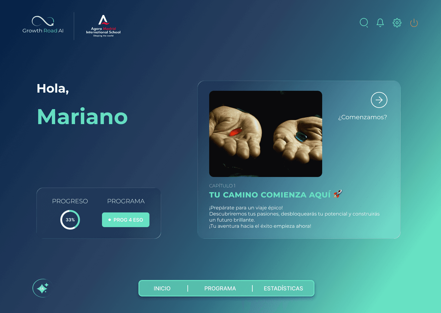 Bienvenida al alumno con progreso y programa: plataforma educativa de orientación vocacional con IA