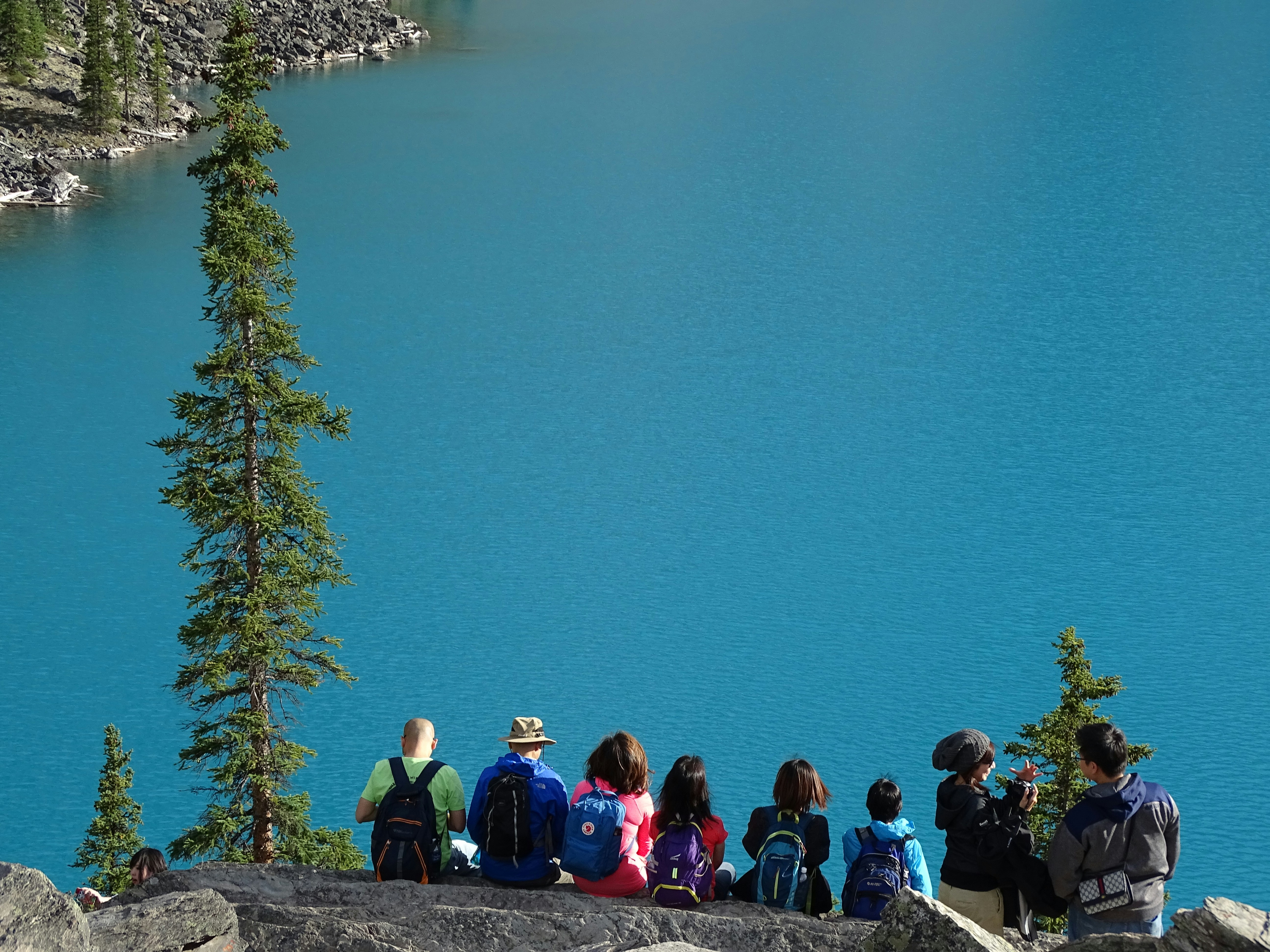 people sitting on rock edge facing body of water