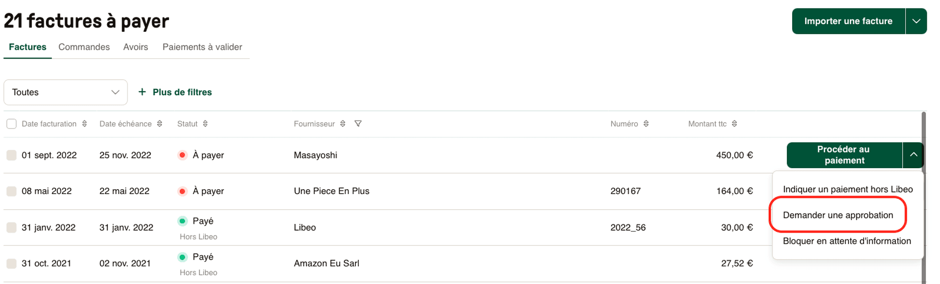 Demander d'approbation de paiement