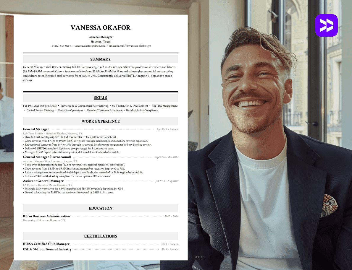 General manager resume example on a clean textured background