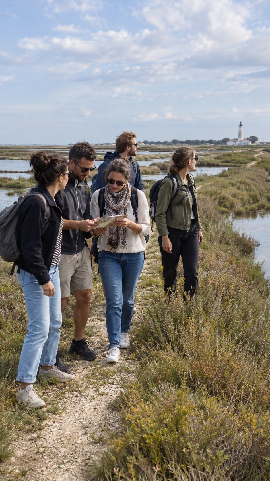 Équipe suivant une piste à travers les marais de l’Île de Ré
